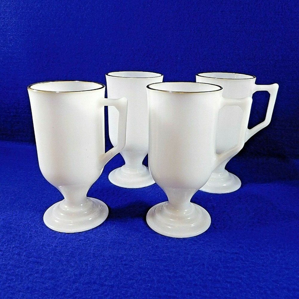 4 Viintage Milk Glass Federal Irish Coffee Cups Mugs White w Gold Rims  5 1/2"